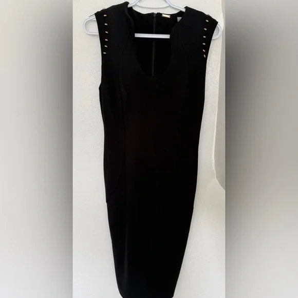 Tahari Black Sheath Dress Size 4 Gold Button Sleeveless Stretch Midi - Picture 7 of 13